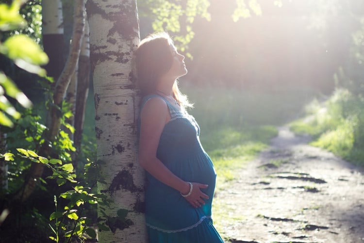těhotná žena opřená o strom